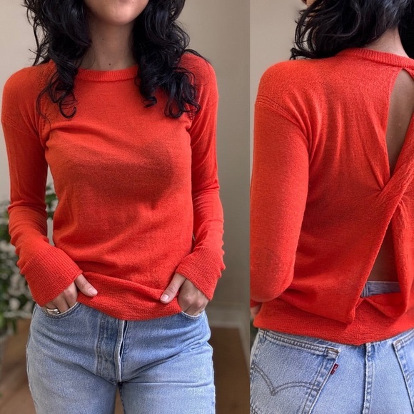 ALC Orange 100% Wool Crewneck Sweater with Keyhole Open Back - Picture 1 of 3
